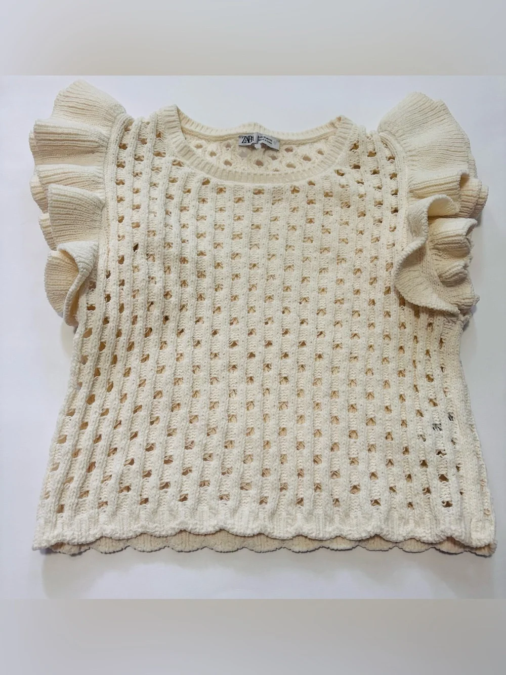 Zara Cream Knit Ruffle-Sleeve Crop Top